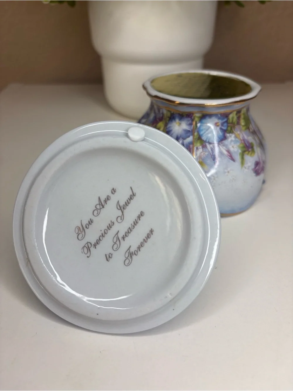 Blue Butterfly Ceramic Trinket Jar with Floral Accent